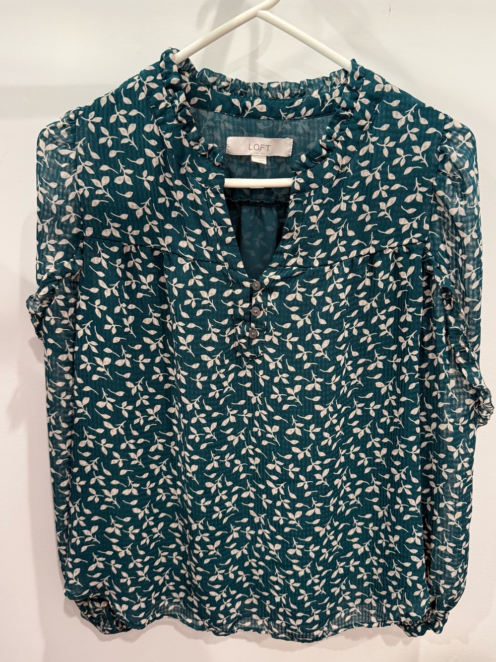 LOFT Teal Leaf Print Henley Ruffle Blouse